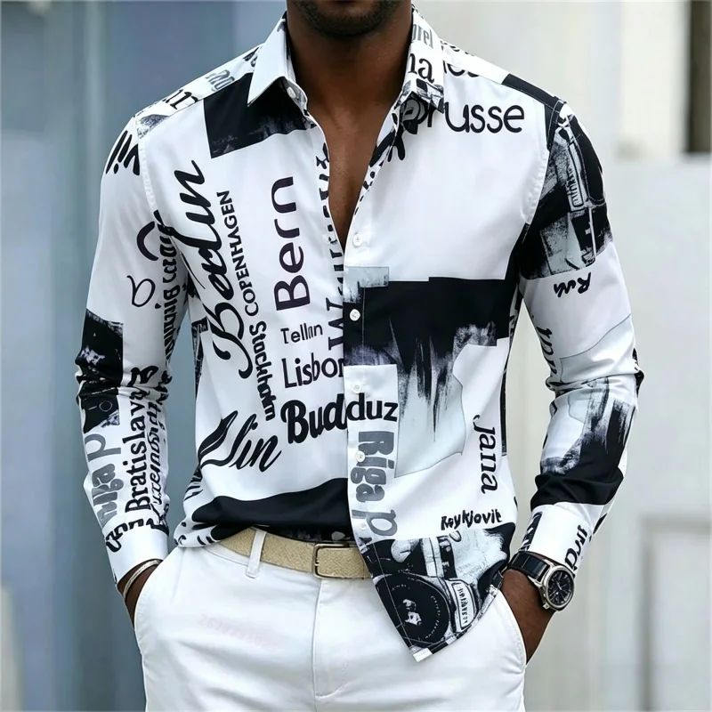 Mens Fashion Casual - قميص رجالي مطبوع بأكمام طويلة، تصميم