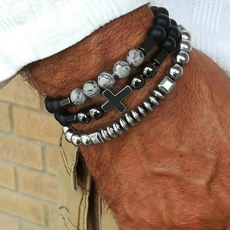 Mens Fashion Combination - سوار حصى أسود مخصص للرجال ،