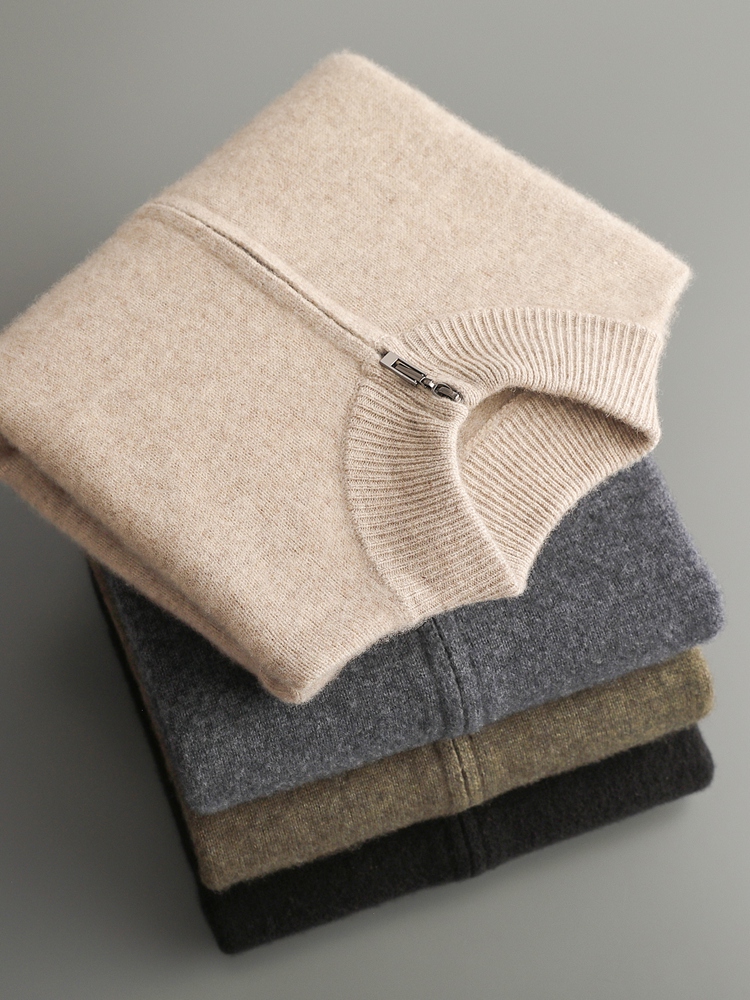 Men'S Fashion Zip Sweater - 100% ميرينو الصوف الرجال تريكو بالأزرار