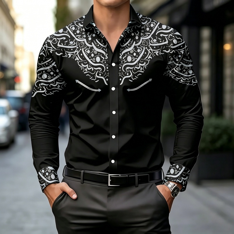 Mens Fashion Casual - قميص بطباعة متباينة باللونين الأسود والأبيض،