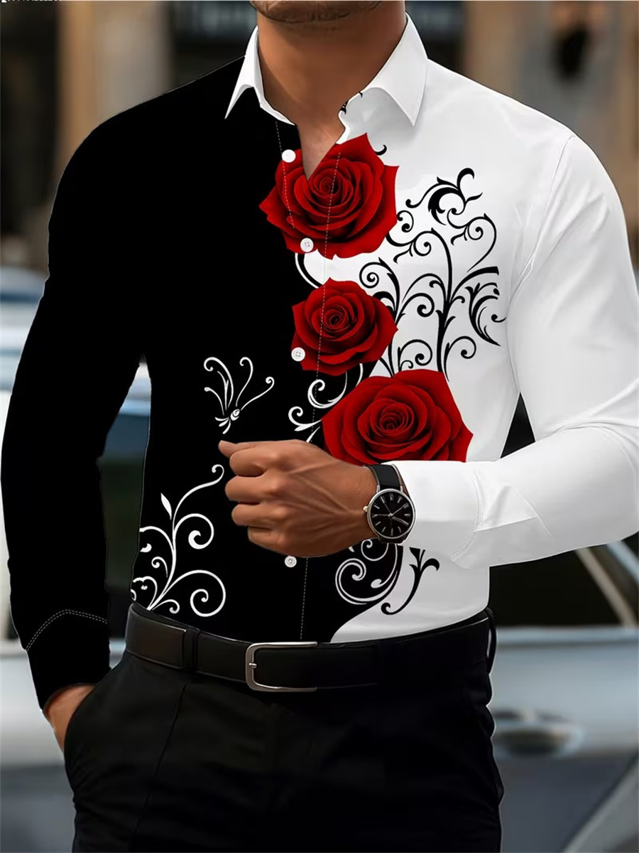 Mens Fashion Casual - قميص رجالي بأكمام طويلة مزين بطبعة