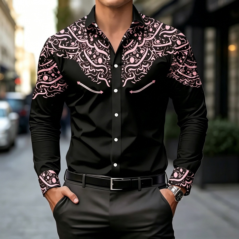 قميص بطباعة متباينة باللونين ا - مراجعة Mens Fashion Casual وسعره