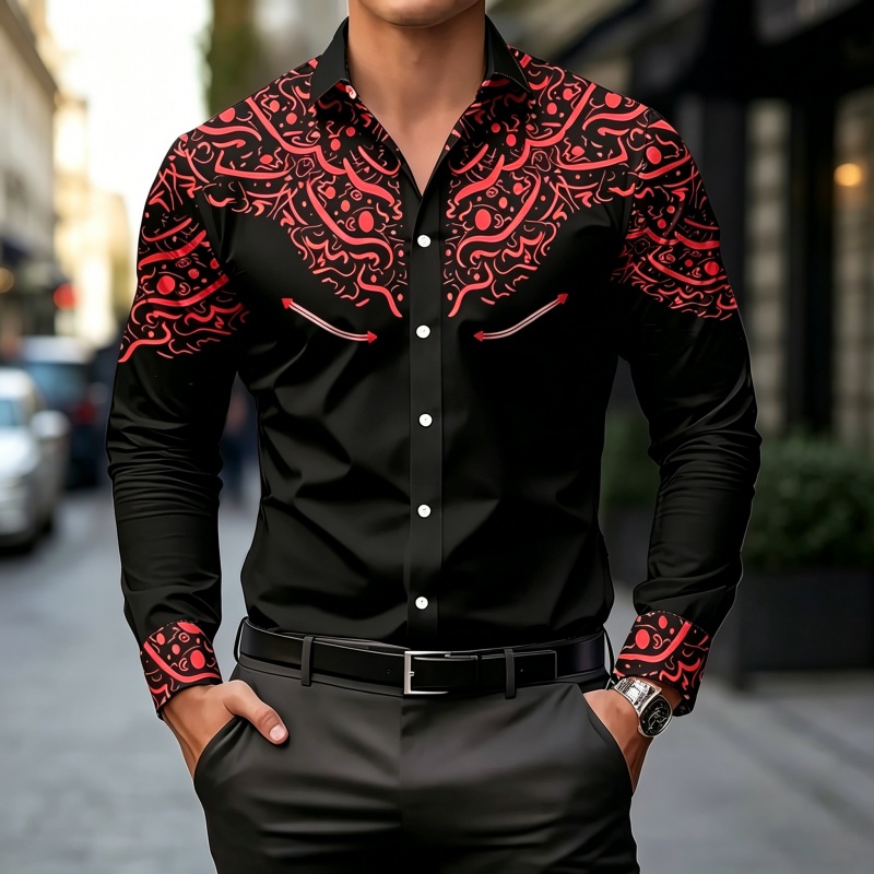 قميص بطباعة متباينة باللونين ا - مراجعة Mens Fashion Casual وسعره