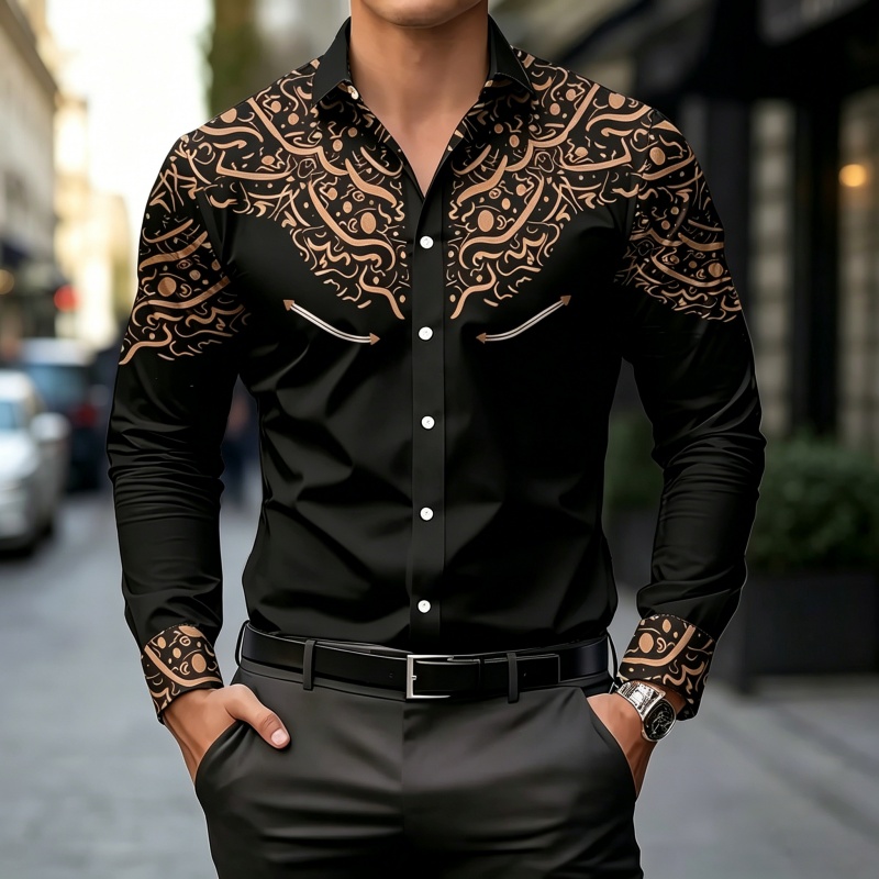 قميص بطباعة متباينة باللونين ا - مراجعة Mens Fashion Casual وسعره